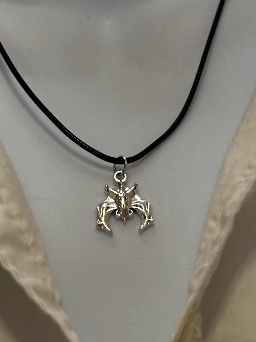 Silver Bat Pendant on Black Cord Necklace